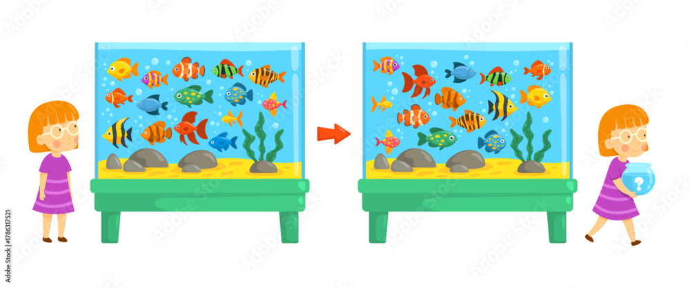Naklejka premium Aquarium game. Tropical underwater fish find difference puzzle gaming, cartoon children education girl with fishbowl childish logic games summer school, kicky vector illustration