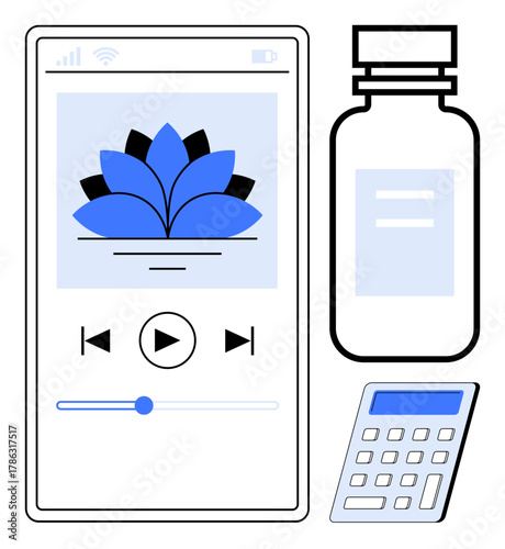 Smartphone playing mindfulness app with lotus graphic, pill bottle, and calculator suggesting health tracking. Ideal for wellness, mindfulness, health apps, stress management, healthcare, self-care