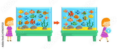 Aquarium game. Tropical underwater fish find difference puzzle gaming, cartoon children education girl with fishbowl childish logic games summer school, kicky vector illustration