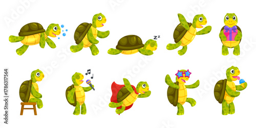 Cartoon tortoise characters. Cute turtle mascot, funny turtles character poses sea animal in shell green reptile comic baby tortilla slow terrapin, set kicky vector illustration