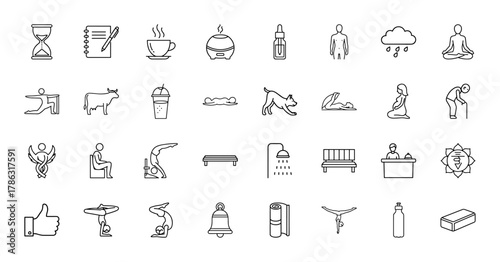 Wellness and yoga line icon set. Vector pictograms of meditation, yoga poses, spa, aromatherapy, animals, people, and lifestyle items, thin linear illustration.