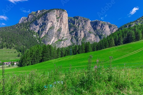 Mount Stevia above the village of Selva di Valgardena. South Tyrol, Italy