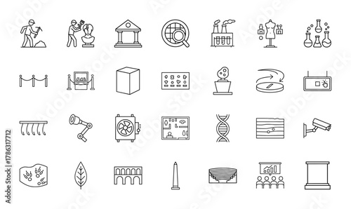 Museum and science icon set. Vector pictograms of archaeology, sculpture, exhibition, research, biology, architecture, and historical elements, thin linear illustration.