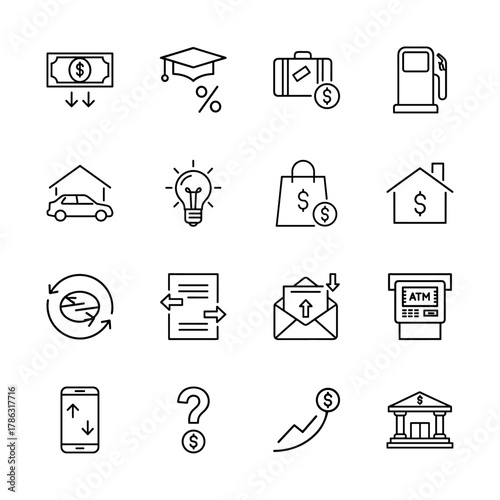 Finance line icon set. Vector pictograms of banknote, graduation cap, suitcase, gas pump, car, shopping bag, ATM, bank, smartphone, growth chart, thin linear illustration.