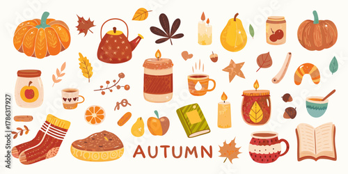 Cozy autumn collection of seasonal elements including pumpkins candles and warm drinks