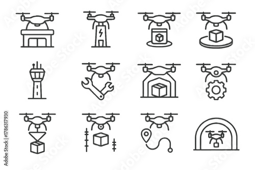 Service infrastructure control drone icons slot icon vector hangar air charging corridor