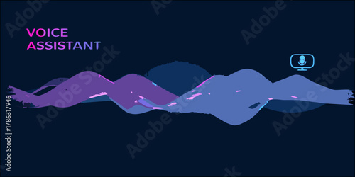 Abstract voice assistant waveform with microphone icon on computer screen and dark background