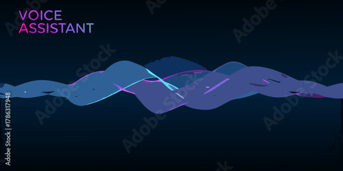 Abstract digital sound wave visualization with voice assistant text in gradient colors on dark background