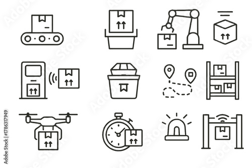 Belt icon delivery arm warehouse route indicator signal icons robotic automated vector