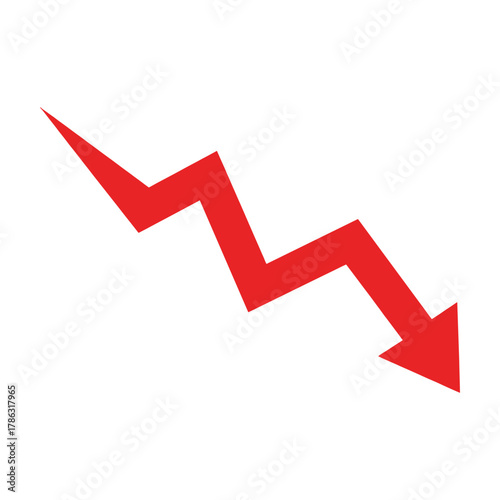 Red jagged arrow pointing downwards on white background decline