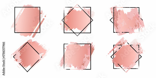 Collection of six rose gold brush stroke frames with geometric shapes for design elements