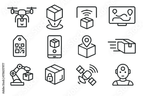 Parcel display future secure app icon vector technology route signal robotic box