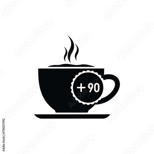 Black coffee cup with steam and plus ninety symbol