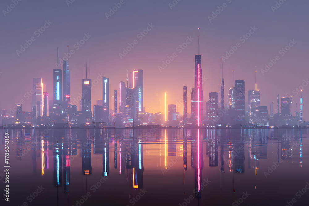 Fototapeta premium Cyberpunk City Skyline Reflected in Water at Neon Night