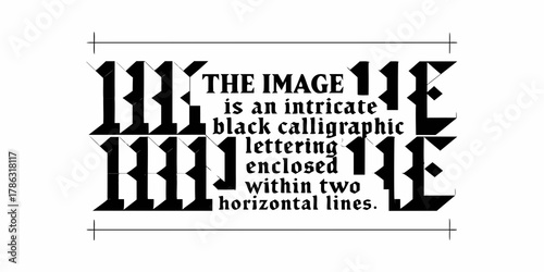 Intricate black calligraphic lettering design enclosed within horizontal lines on a white background