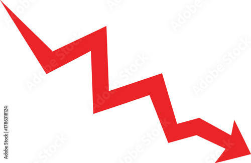 Red jagged arrow pointing down on white background decline decrease