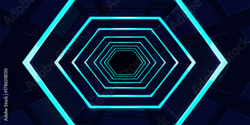 Abstract hexagonal tunnel with glowing cyan neon lights and dark futuristic architecture