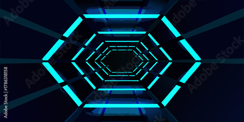Futuristic hexagonal tunnel with glowing neon blue lights and reflective floor