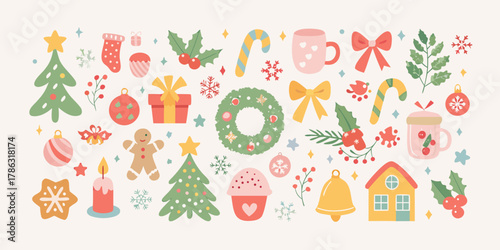 Whimsical collection of hand drawn christmas elements in pastel colors