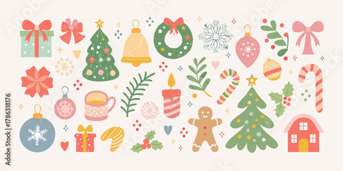 Collection of festive christmas icons and decorations in a whimsical flat design style