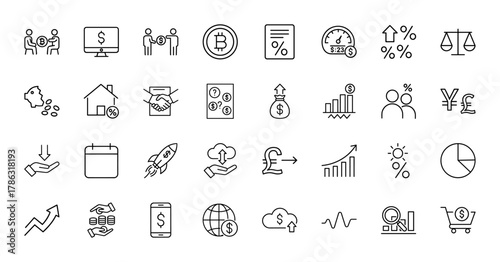 Finance and business line icon set. Vector pictograms of cryptocurrency, money exchange, market growth, banking, and investment analytics, thin linear illustration.