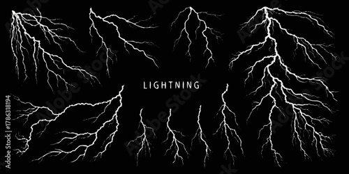Collection of white lightning bolt illustrations on a black background with the word lightning in the center