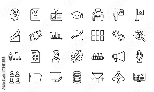 Business management line icon set. Vector pictograms of idea, resume, meeting, analytics, gears, communication, database, and dashboard, thin linear illustration.