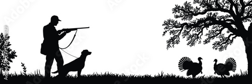 silhouette, hunting, shotgun, dog, turkeys, forest, nature, outdoor, wildlife, tree, grass, black, figure, animal, hunter, leash, field, motion, rural, environment