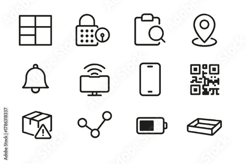 Qr parcel cargo intelli code tray vector monitor bell smartphone icon