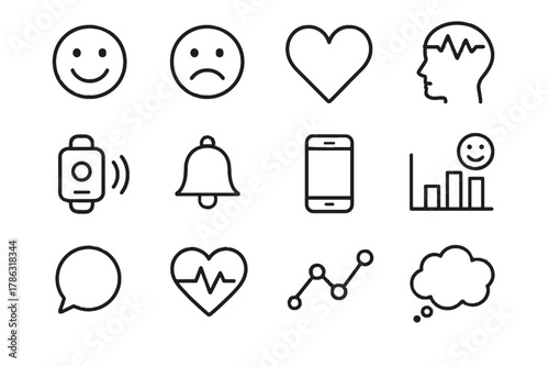 Chart waves tracking alert icons vector bell emotion smartphone face smiley icon