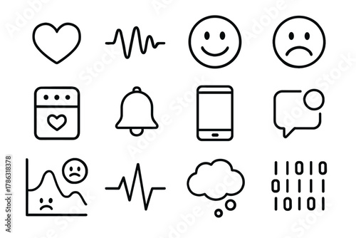 Emotion sensor pulse alert vector data stream icons thought face monitoring mood