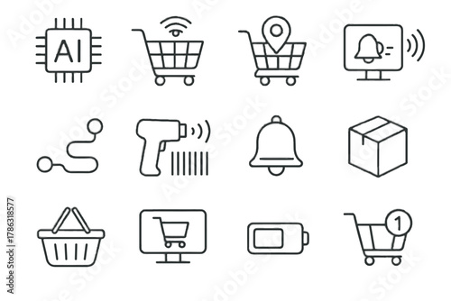 Shopping vector led module battery cart ai bell icon barcode display line