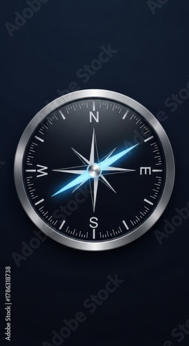 Close up of a vintage metallic compass with a glowing blue needle pointing north on a dark background