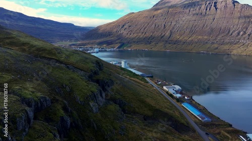 Aerial view of the scenery in a fjord of Iceland
