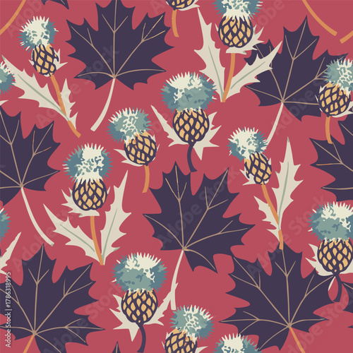 Bold purple leaves and vivid thistle flowers on a reddish pink background. Perfect for textiles, wallpaper, and decor.