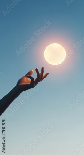 A person s hand reaching up towards a glowing full moon against a clear blue sky
