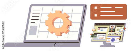 Laptop with gear visual on a grid screen and a desktop showing various open applications. Ideal for technology, business processes, workflow, task automation, software, teamwork, innovation. Simple