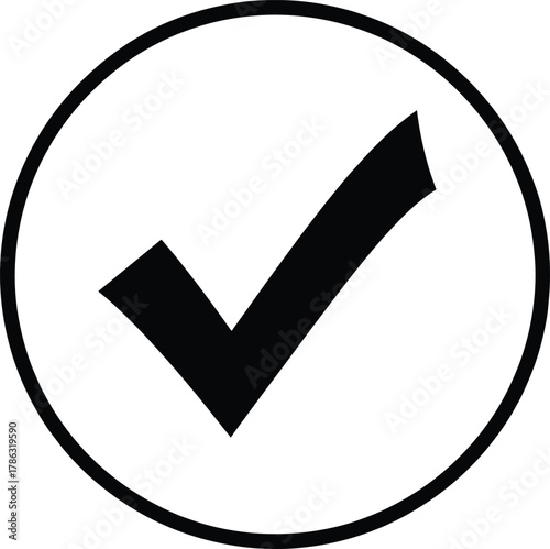Black check mark symbol inside a white circle outline tick sign