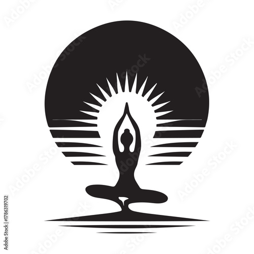 Sunrise Yoga Tree Pose vector silhouette outline logo design concept illustration