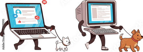 Flat vector cartoon laptop and desktop walking dogs, social media screen, email interface, tech evolution, digital pet concept, funny scene