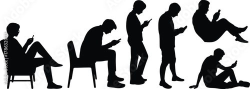 Smartphone posture silhouettes, seated and crouched poses, mobile device usage, digital behavior, black shapes, tech impact, silhouette illustration, modern lifestyle, screen focus