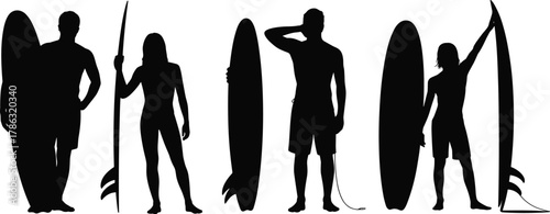 Surfer silhouettes, people with surfboards, beach poses, black shapes, ocean lifestyle, surfing culture, silhouette illustration, coastal scene, water sport, casual stance