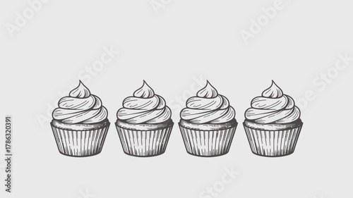 Four hand drawn cupcakes with swirled frosting on a white background
