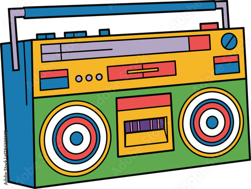 Colorful retro boombox with speakers on white background radio stereo