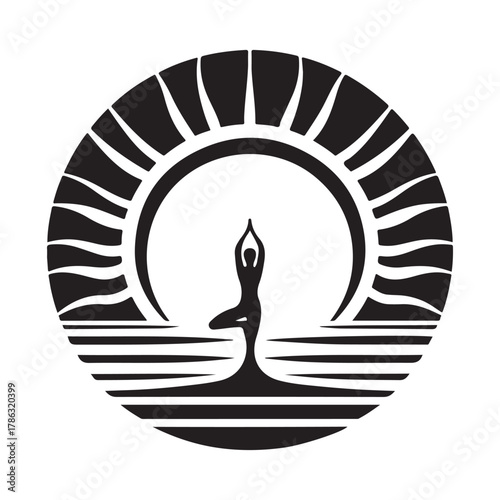 Sunrise Yoga Tree Pose vector silhouette outline logo design concept illustration