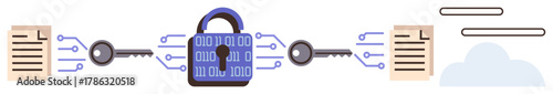 Locked encryption process connecting two documents via keys, symbolizing data security. Ideal for cybersecurity, privacy, encryption, communication, data transfer, cloud security, digital protection