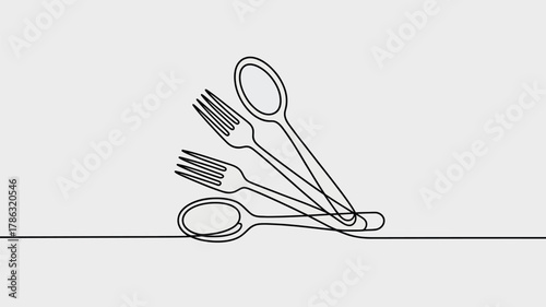 Minimalist continuous line drawing of stacked forks and spoons