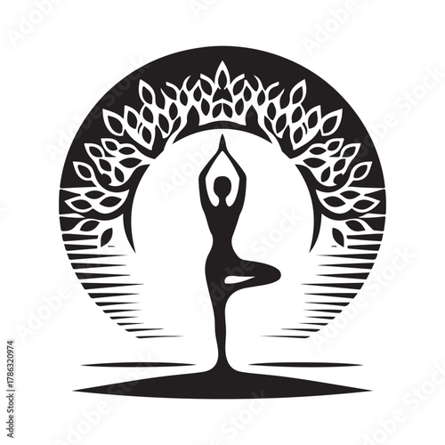 Sunrise Yoga Tree Pose vector silhouette outline logo design concept illustration