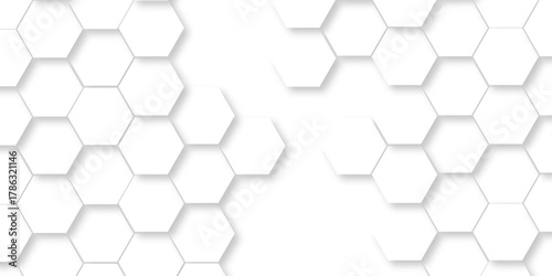 Abstract minimal creative science white hexagon technology vector grid honeycomb soccer hexagonal cell structure tile mess emboss bee background.	
