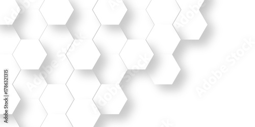 Abstract minimal creative science white hexagon technology vector grid honeycomb soccer hexagonal cell structure tile mess emboss bee background.	
